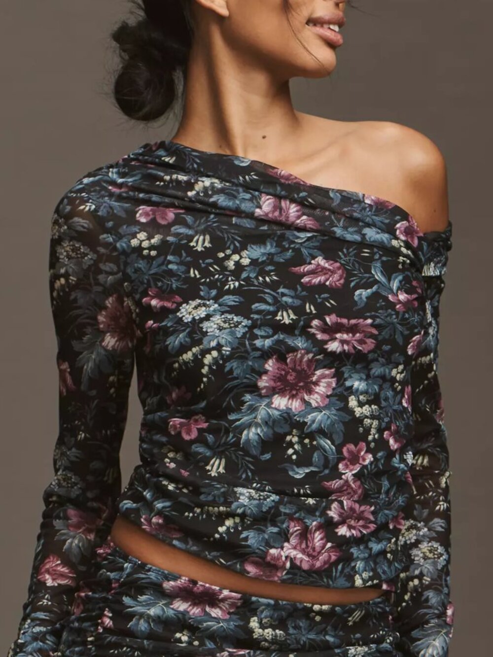 Anthropologie Mesh Long-Sleeve Asymmetric Top, Black Pattern, L - Picture 1 of 4
